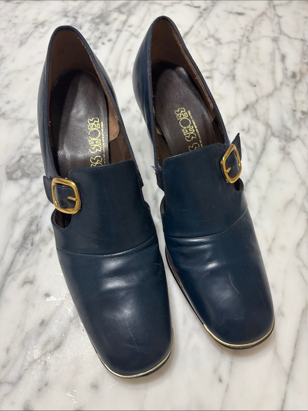 Vintage 1960’s Navy Leather Heels with Gold Buckle
